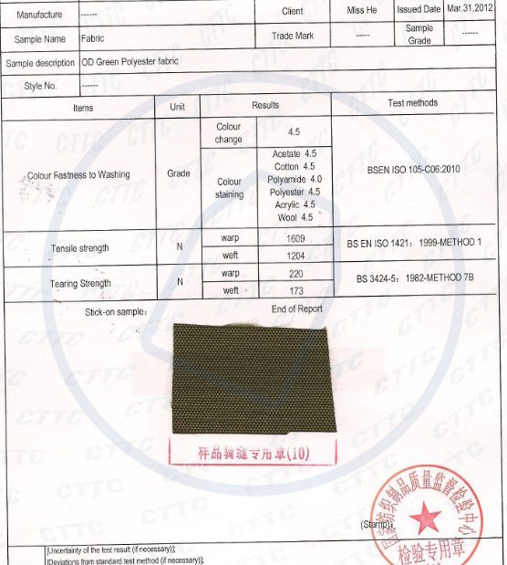 tensile report of polyester od green 1